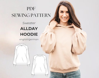 Oversized Hoodie PDF Sewing Pattern, Sweater, Raglan Sleeves, Balloon Cuffs, Pattern for Women, Sizes EU 32–50/US 0–18 /Uk 4–22
