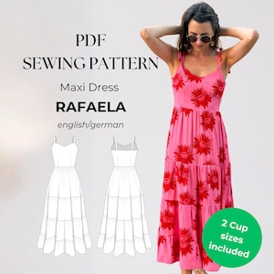 Maxi Dress Sewing Pattern, Tiered Dress PDF, V-Neck Summer Dress, Adjustable Straps, Sizes EU 32–50 / US 0–18, 2 Cup Sizes Included