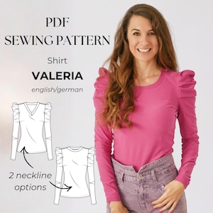 Shirt with puff sleeves, pleated statement sleeves, V-neck or round neckline PDF sewing pattern for women, stretchy fabrics, USLetter,US0-18