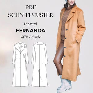 Cappotto lungo classico con revers e fodera per l'inverno, modello di cucito PDF taglie 32-50 in tedesco
