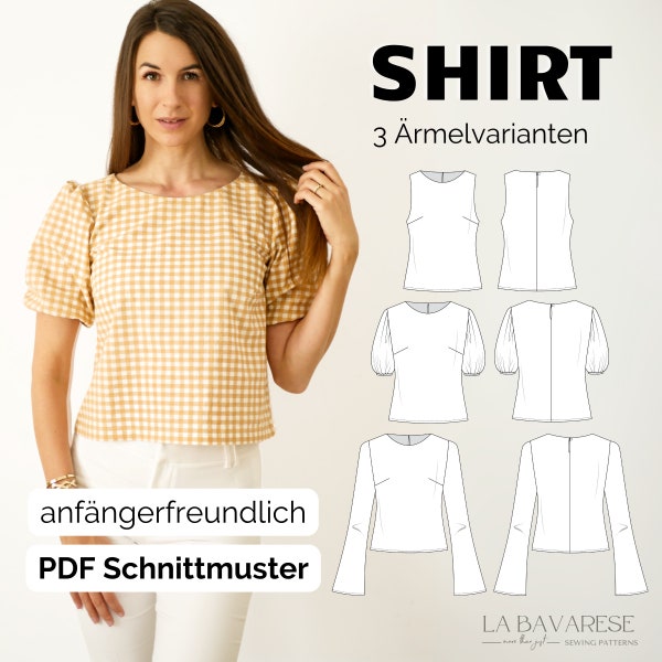 Shirt mit Rundhalsausschnitt, ärmellos, Puffärmel, Trompetenärmel, PDF Schnittmuster Damen, Gr. 32-50 in Deutsch