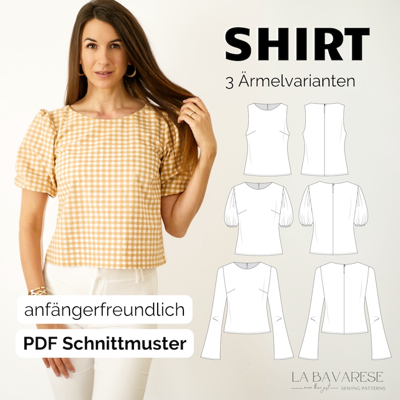 Shirt with round neck, sleeveless, puff sleeves, trumpet sleeves, PDF sewing pattern women, size 32-50 in German image 1