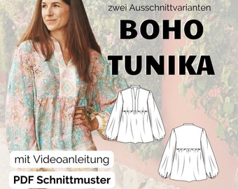 Boho Tunika & Kleid, Bluse mit Stehkragen und Manschette, PDF Schnittmuster für Damen in den Gr. 32 - 50 in Deutsch