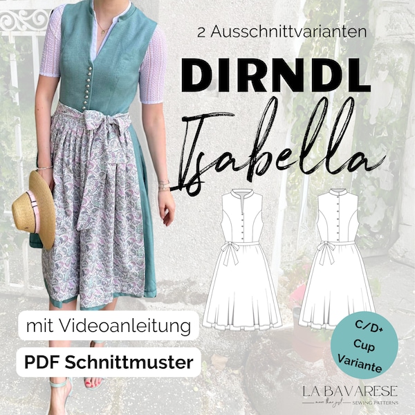 hochgeschlossenes Dirndl Schnittmuster mit Stehkragen, PDF Schnittmuster für Damen in deutsch, Gr. 32-50, C/D+-Cup