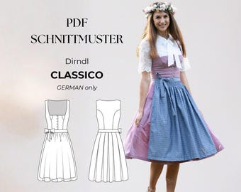 Dirndl con escote recto y profundo, escote Munich, inserción de cuña, falda dirndl, patrón de costura digital en PDF para corpiño, tallas de mujer 32-50