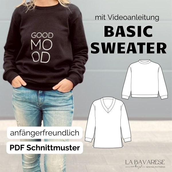 Basic Sweater Pulli mit V-Ausschnitt, Winter Pulli, Oversize Pullover, PDF Schnittmuster für Damen in den Gr. 32 - 50 in Deutsch