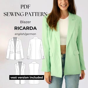 Oversized blazer met inkeping in de revers, PDF-naaipatroon voor dames, twee zakopties en voering, kan worden genaaid als blazer of vest, maten 32-50 in het Duits