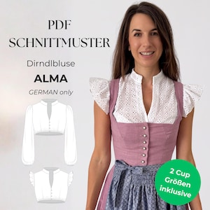 Dirndlbluse mit Flügelärmel und Ballonärmel, Stehkragen, PDF Schnittmuster Damen, Gr. 32-50 in deutsch, 2 Cupvarianten