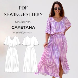 Vestido largo ancho y vaporoso, vestido de verano con mangas, escote en pico, patrón de costura en PDF para mujer, tallas 32-50, apto para principiantes, alemán/inglés.