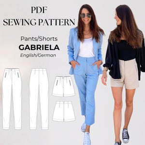 Könnte beinhalten: PDF-Schnittmuster für Hosen und Shorts, genannt "Gabriela". Das Bild zeigt einen hellblauen Hosenanzug und ein schwarzes Oberteil mit beigefarbenen Shorts. Das Muster enthält Illustrationen der Hosen- und Shorts-Designs. Der Text weist darauf hin, dass das Muster auf Englisch und Deutsch verfügbar ist.
