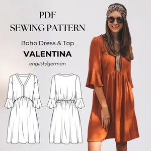 Molde em PDF para costura de vestido e blusa boho de verão, modelo com camadas, para mulheres nos tamanhos 32 a 50, mangas com babados, camadas franzidas, elástico nas costas. Disponível nos tamanhos 32 a 50.