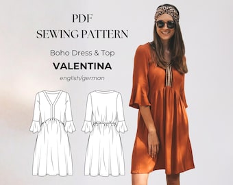 Boho Summer Dress & Blouse – Tiered Dress Sewing Pattern PDF, Ruffle Sleeve, Gathered Tier, Elastic Back, size EU 32-50 / US 0-18