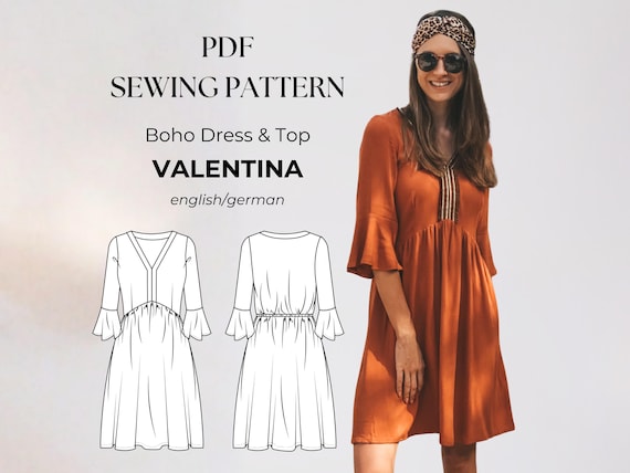 boho tiered dress pattern Boho Summer Dress & Blouse – Tiered Dress Sewing Pattern PDF, Ruffle  Sleeve, Gathered Tier, Elastic Back, Size EU 32-50 / US 0-18