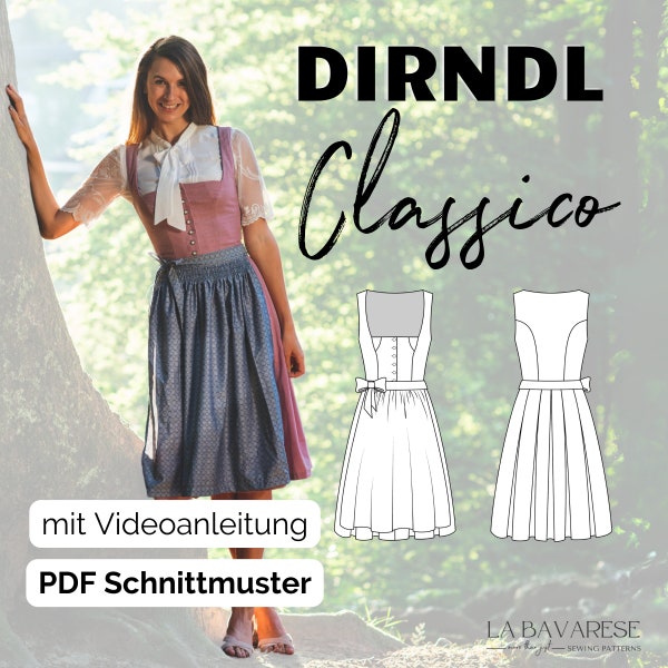 Dirndl mit geradem tiefen Ausschnitt, Münchner Ausschnitt, Keileinsatz, Dirndlrock, Mieder digitales PDF Schnittmuster Damen Größe 32 - 50