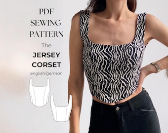 Top de corsé de jersey, camisa de corsé ajustada de jersey, patrón de costura en PDF para mujer, tallas 32-50, apto para principiantes, alemán e inglés
