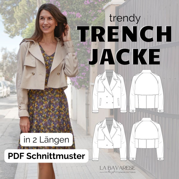 Trenchcoat in cropped Optik, kurze Trenchjacke mit zwei Längen, Raglanärmeln, Doppelreiher, Gr. 32-50 in Deutsch, PDF Schnittmuster Damen