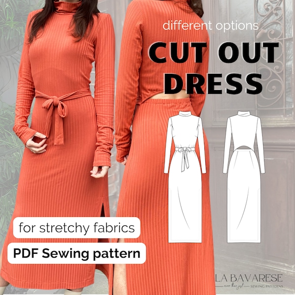 Knit Dress with Cut Out and Turtleneck, PDF Sewing Pattern for Her, Maxidress with slits, A4/US Letter/A0, sizes Eu 32-50/Us 0-18/Uk 4-22