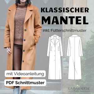 long classic coat with lapel collar and lining for winter, PDF sewing pattern size. 32 - 50 in German