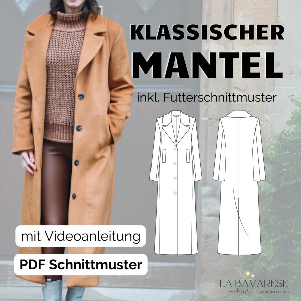 langer klassischer Mantel mit Reverskragen und Futter für den Winter, PDF Schnittmuster Gr. 32 - 50 in deutsch
