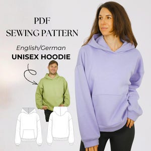 Felpa oversize con cappuccio per donna, uomo e unisex; modello di cucito PDF e istruzioni in tedesco; adatta ai principianti; felpa
