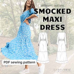 Summer Maxi Dress Boho, Smocked Waist, Instant Download PDF Sewing Pattern Instructions, Easy DIY Sewing for Her, Sizes Eu 32-50, US 0-16