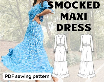 Summer Maxi Dress Boho, Smocked Waist, Instant Download PDF Sewing Pattern Instructions, Easy DIY Sewing for Her, Sizes Eu 32-50, US 0-16