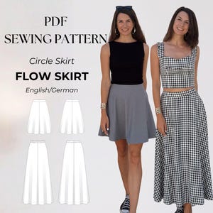 May include: A PDF sewing pattern for a circle flow skirt. The image shows two women wearing flow skirts. One skirt is gray, and the other is a black and white gingham pattern. The text on the image says "FLOW SKIRT" and "English/German."