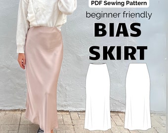 Bias Satin Skirt, maxi and midi length, PDF Sewing Pattern for Her, A4/US Letter/A0, sizes Eu 32-50/Us 0-18/Uk 4-22 in English