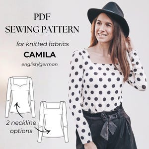 Jersey Shirt, PDF Schnittmuster Damen, Basic Shirt, Longsleeve, Herzausschnitt, eckiger Ausschnitt, Puffärmel, Gr. 32-50 in deutsch/englisch