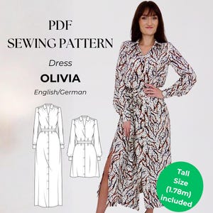 Button Down Dress, Long Shirt Dress, Maxi Dress with Tie Belt and Cuffs, Digital PDF Sewing Pattern for Women, US Letter, Instant download image 1