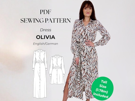 Langes Hemdblusenkleid, Maxikleid, mit Bindegürtel und Manschette, digitales PDF Schnittmuster Damen in den Größen 32 - 50