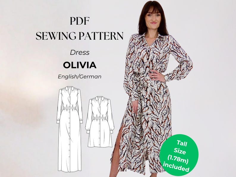Button Down Dress, Long Shirt Dress, Maxi Dress with Tie Belt and Cuffs, Digital PDF Sewing Pattern for Women, US Letter, Instant download image 1