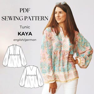 Boho Tunic & Dress Sewing Pattern , Standing Collar or V-Neck, PDF Pattern A4/US Letter/A0, Sizes Eu 32–50/Us 0–16, instant download