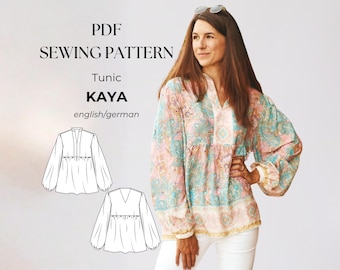 Túnica y vestido bohemios, blusa con cuello alto o escote en pico, patrón de costura en PDF para mujer, tallas 32-50, alemán e inglés, vestido escalonado