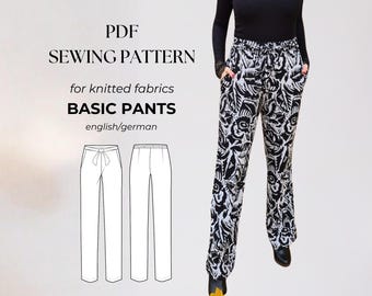 Wide-leg pants, relaxed straight cut, high waist, knit pants, PDF sewing pattern for women, beginner friendly, USLetter, US0-18, in English