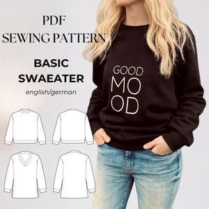 Pullover Schnittmuster Damen, V-Ausschnitt, Rundhals, 2 Längen, Sweater, Sweatshirt, Stickpullover, PDF Schnittmuster Gr. 32-50