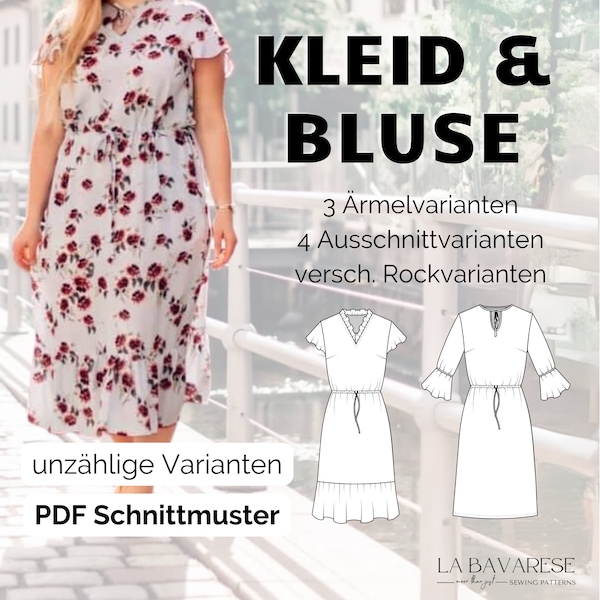 Sommerkleid und Bluse digitales PDF Schnittmuster Damen mit langen und kurzen Flügelärmeln Größe 32 - 50