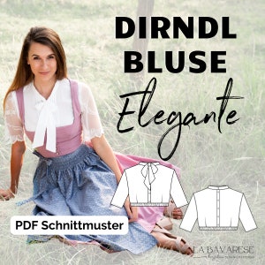 PDF digital sewing pattern dirndl blouse in vintage style with stand-up collar and tie size. 32 - 50