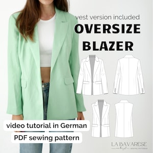 Blazer oversize, chaleco, chaqueta para ella, patrón de costura PDF para mujer, A4/US Letter/A0, tallas Eu 32-50/Us 0-18/Uk 4-22 en inglés