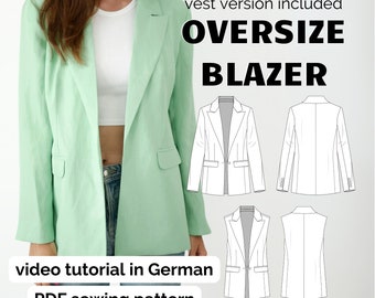 Oversize Blazer, Vest, Jacket for Her, PDF sewing pattern for women, A4/US Letter/A0, sizes Eu 32-50/Us 0-18/Uk 4-22 in English