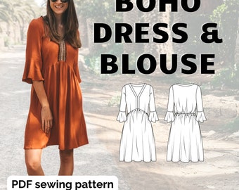 Boho Summer Dress & Blouse, Instant Download PDF Sewing Pattern Instructions Guide, Easy DIY Sewing for Her, Sizes Us 0-16, Eu 32-50