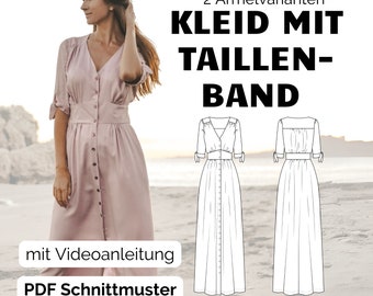 Maxikleid mit Taillenband im Vintage-Stil digitales PDF Schnittmuster Damen, verspieltes Bohokleid mit Raffungen für Frauen Gr. 32 - 50