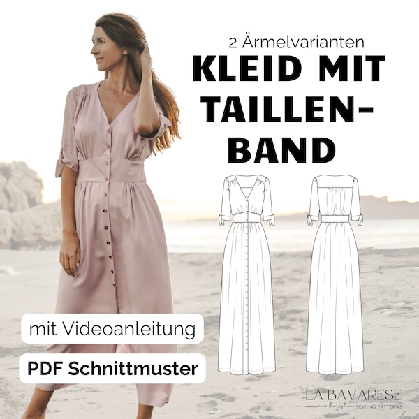 Maxikleid mit Taillenband im Vintage-Stil digitales PDF Schnittmuster Damen, verspieltes Bohokleid mit Raffungen für Frauen Gr. 32 - 50