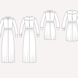 May include: Four line drawings of a long-sleeved shirt dress with a button-up front and a belt. The dresses are shown in different lengths.