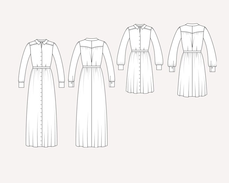 May include: Four line drawings of a long-sleeved shirt dress with a button-up front and a belt. The dresses are shown in different lengths.