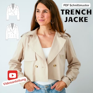 Gabardina de look cropped, gabardina corta de dos largos, manga raglán, cruzada, talla. 32-50 en alemán, patrón de costura PDF para mujer