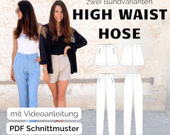 PDF Schnittmuster High Waist Hose und Short Damen, Hose mit Reißverschluss, Anzughose, in den Gr. 32 - 50, digitales Schnittmuster