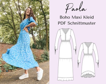 Maxi dress with smocked waist boho style, digital PDF sewing pattern women, size 32 - 50