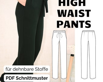 Wide trousers, casual, straight cut, high waist, knitted trousers, PDF sewing pattern for women in sizes. 32 - 50 in German