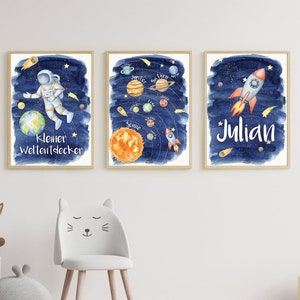 Poster-Set "Kleiner Weltentdecker" | Weltraum mit Sonnensystem | personalisiert